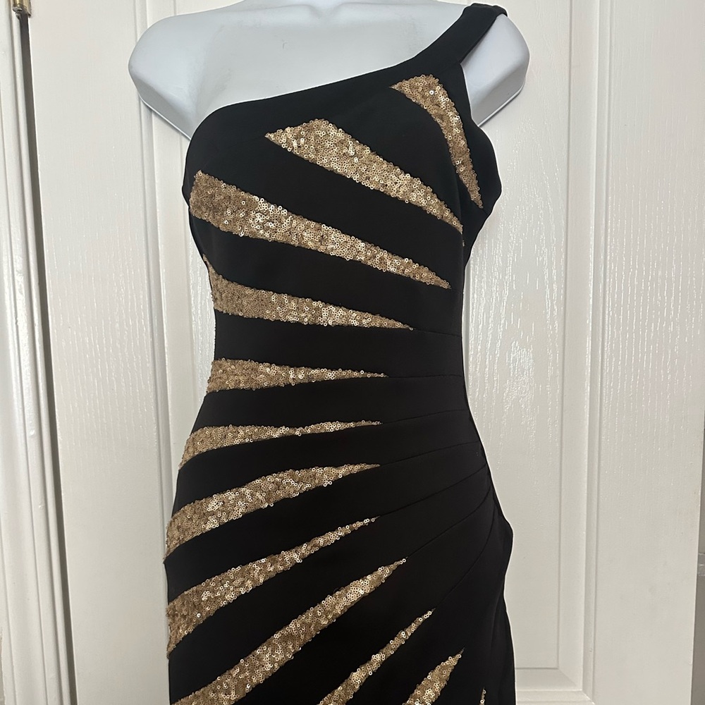 bebe Black and Gold Sequin One-Shoulder Dress